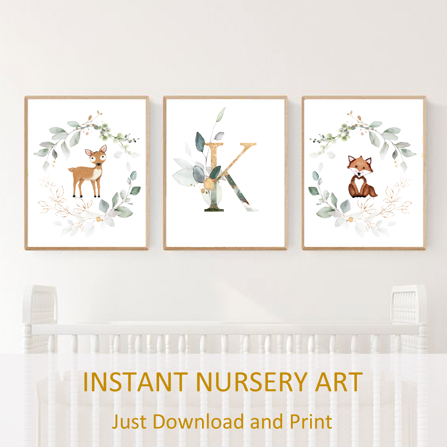 Monogram Crest Wall Art for Baby Boy Nursery - Watercolor Golden